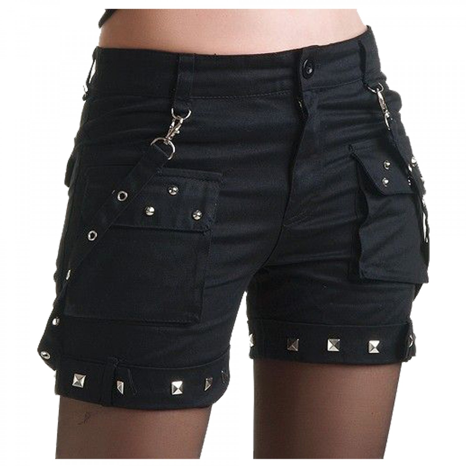 High Impact Gothic Studded Cargo Shorts | Black Punk Alternative Shorts with Studs and Cargo Pockets